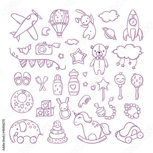 Set of hand drawn baby toys in doodle style isolated on white background