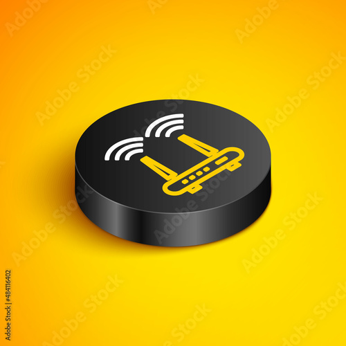 Isometric line Router and wi-fi signal icon isolated on yellow background. Wireless ethernet modem router. Computer technology internet. Black circle button. Vector