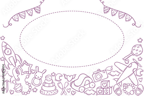 Baby Shower cute greeting card template with toys. Circle text place