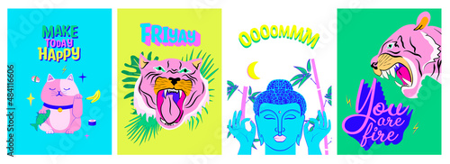 Collection of colorful posters with Asian illustration and positive quotes. Greeting or Invitation card. Editable Vector Illustration.