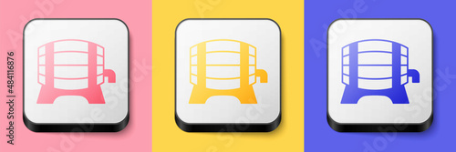 Isometric Wooden barrel on rack with stopcock icon isolated on pink, yellow and blue background. Square button. Vector