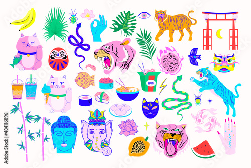 Collection of Asian colorful elements from different countries and cultures.Editable Vector Illustration.