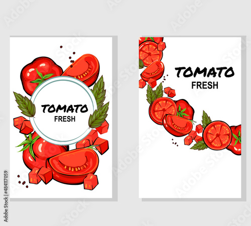 Tomatoes hand drawaTomatoes hand drawn banners or labels set. Tomato food frames for posters for farm market or vegetable packaging design, n banners or labels set. Tomato frames, vector illustration.