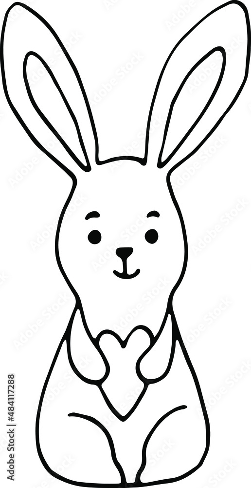 Obraz premium A rabbit with a heart. Spring, Easter black and white doodle illustration