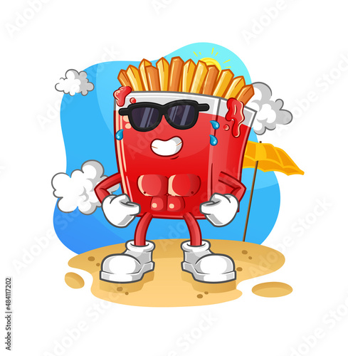 French fries sunbathing in summer. character vector