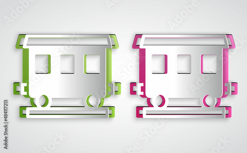 Paper cut Passenger train cars icon isolated on grey background. Railway carriage. Paper art style. Vector