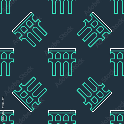 Line Aqueduct of Segovia, Spain icon isolated seamless pattern on black background. Roman Aqueduct building. National symbol of Spain. Vector