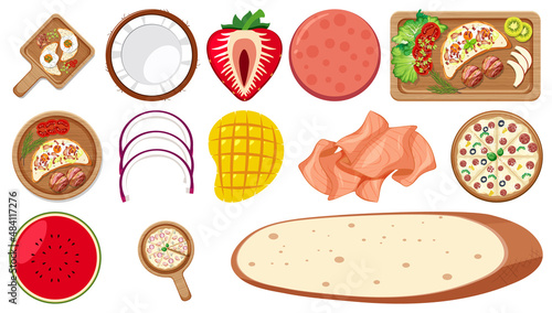 Collection of food ingredients on white background