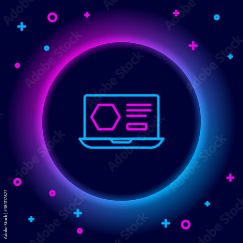 Glowing neon line Honey online service or platform icon isolated on black background. Countryside organic product. Online shop. Colorful outline concept. Vector