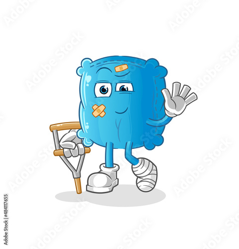 pillow sick with limping stick. cartoon mascot vector