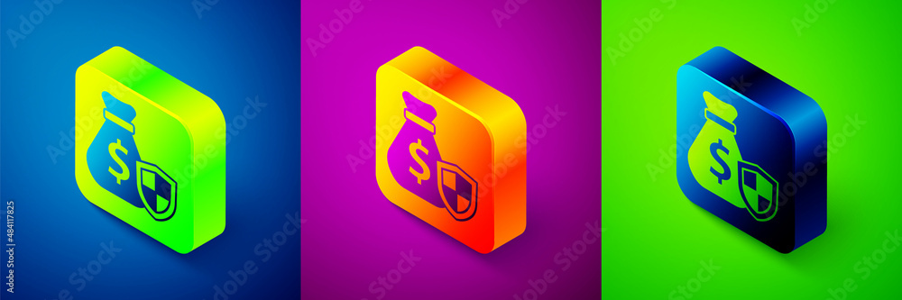 Isometric Money bag with shield icon isolated on blue, purple and green background. Insurance concept. Security, safety, protection, protect concept. Square button. Vector Isometric Money bag with shield icon isolated on blue, purple and green background. Insurance concept. Security, safety, protection, protect concept. Square button. Vector