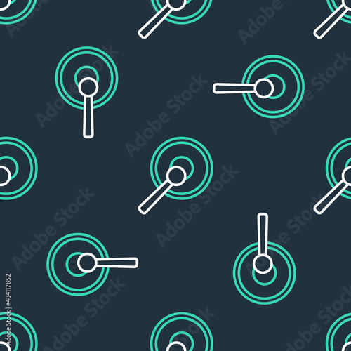 Line Gong musical percussion instrument circular metal disc and hammer icon isolated seamless pattern on black background. Vector