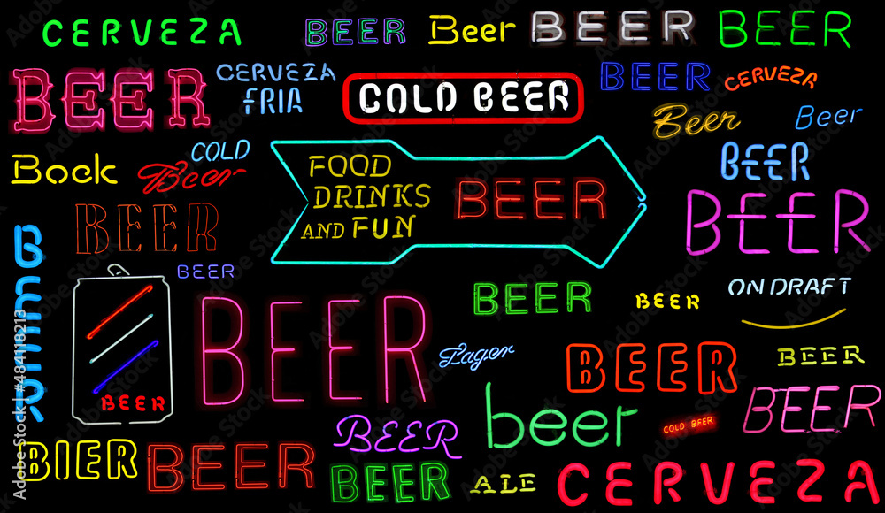 Collection of Vintage Neon Beer Signs on Black Background