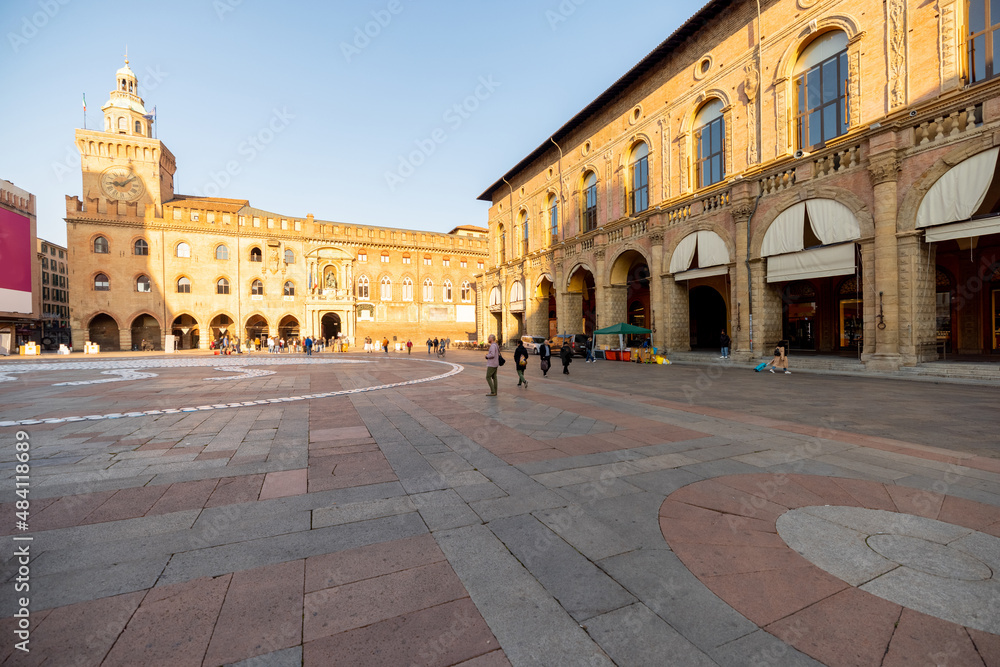 Central square of the old town in Bologna city. Morning view on Piazza Maggiore in Emilia Romagna region