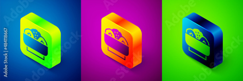 Isometric Chow mein on plate icon isolated on blue, purple and green background. Asian food. Square button. Vector