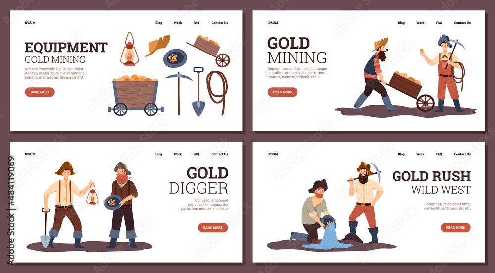 Set of landing pages with gold mining and wild west concept - flat vector illustration. Set of landing pages with gold mining and wild west concept - flat vector illustration.