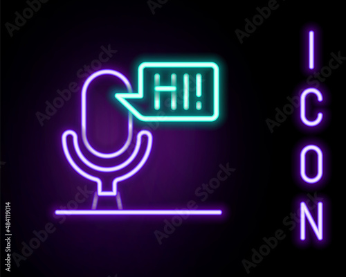 Glowing neon line Microphone voice device icon isolated on black background. Microphone interpreter and alphabet letters. Colorful outline concept. Vector