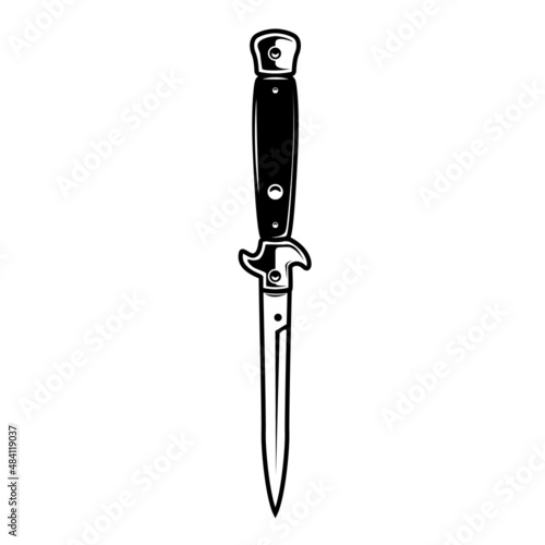 Flick knife. Design element for emblem, sign, badge, logo. Vector illustration