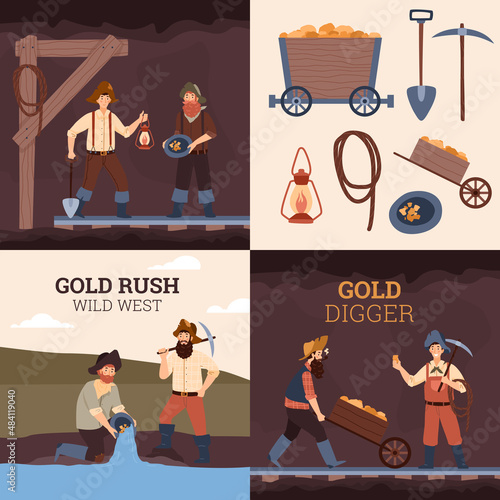 Set of gold digger scenes, prospector men mining and panning for gold - flat vector illustration.