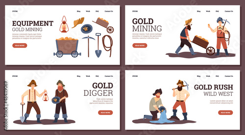Set of landing pages with gold mining and wild west concept - flat vector illustration.