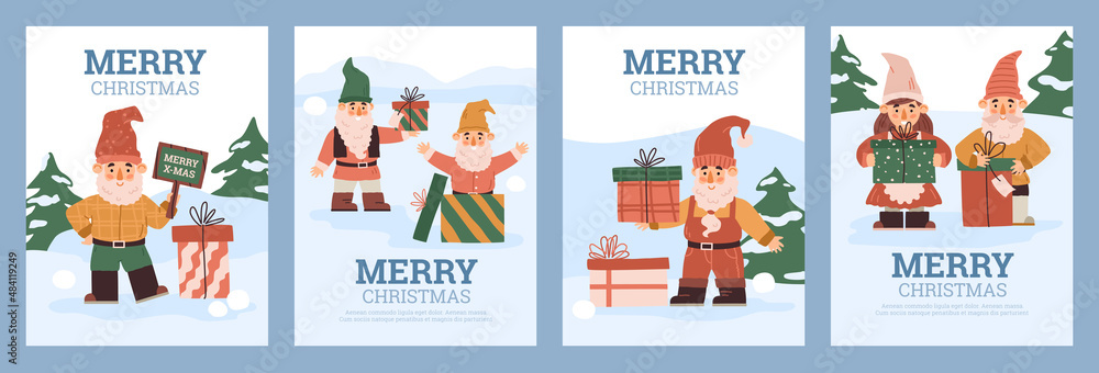 Banners for Christmas holidays with nordic gnomes flat vector illustration. Banners for Christmas holidays with nordic gnomes flat vector illustration.