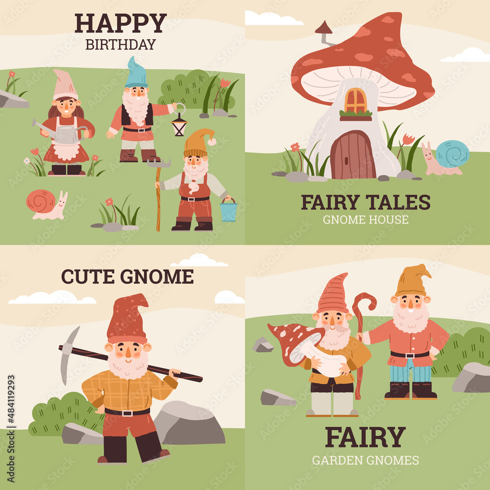 Fototapeta premium Set of birthday greeting cards with fairy garden gnomes in flat illustration.