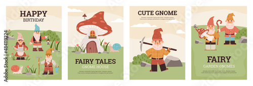 Cute garden gnomes poster collection, birthday greeting card and fairy tale banner - flat vector illustration.