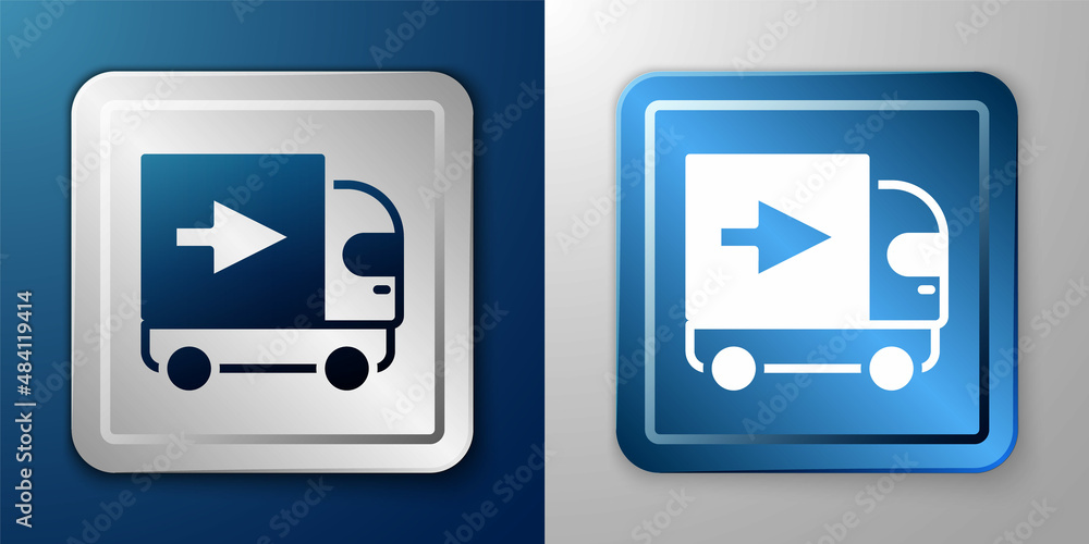 White Delivery cargo truck vehicle icon isolated on blue and grey background. Silver and blue square button. Vector White Delivery cargo truck vehicle icon isolated on blue and grey background. Silver and blue square button. Vector