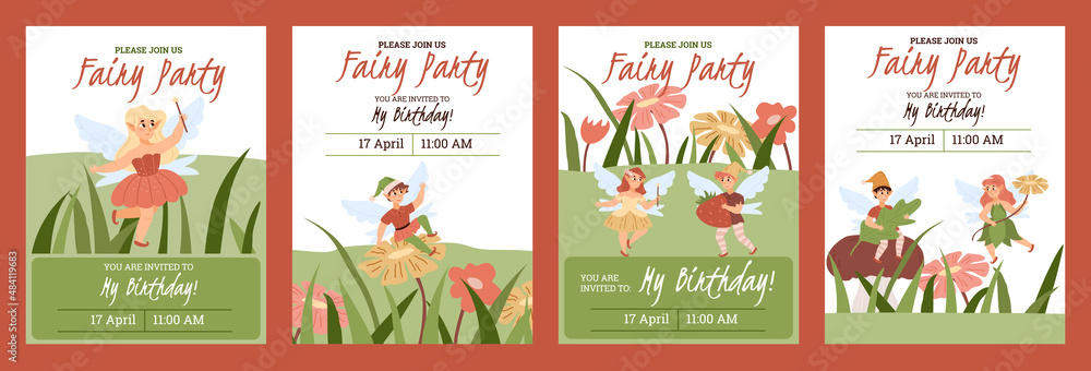 Set of birthday invitation posters or postcards with cute fairies - flat vector illustration.