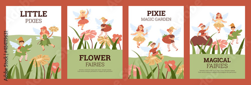 Set of posters or banners with magical fairies and pixies, flat vector illustration in cartoon style.