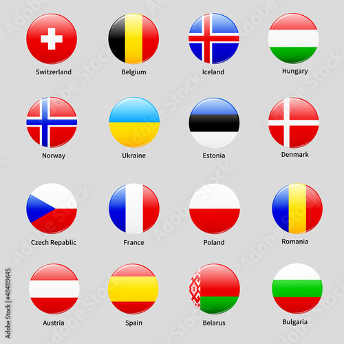 Icons with Europe countries flags. Spain, France, Austria, Denmark and Switzerland national symbols. Vector set of glossy round buttons with flags of Hungary, Poland, Czech Republic, Belgium and other