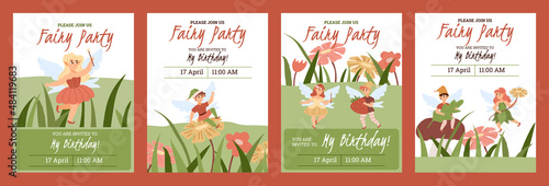 Set of birthday invitation posters or postcards with cute fairies - flat vector illustration.