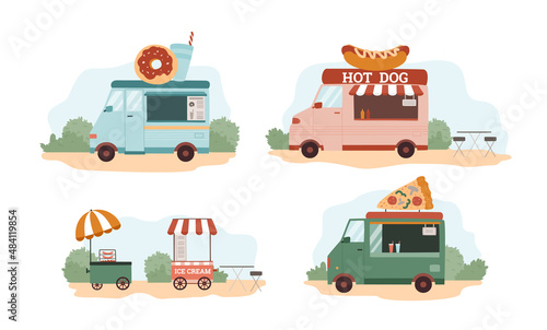 Street Food Truck sell pizza, ice cream, hot dogs and donuts clipart. Set of retro van cars and carts making food.