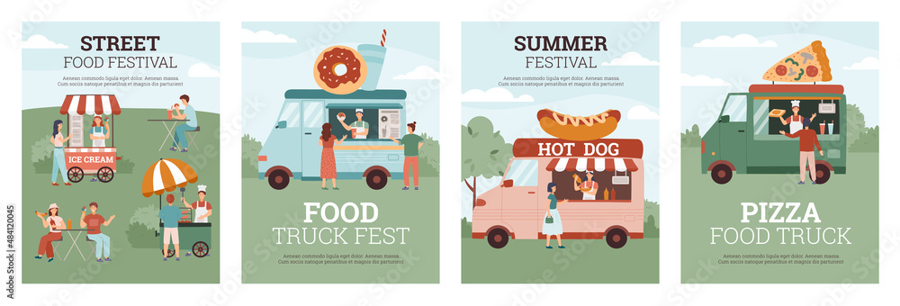 Street food festival banners with barbecue and food vans, vector illustration.