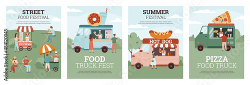 Street food festival banners with barbecue and food vans, vector illustration.