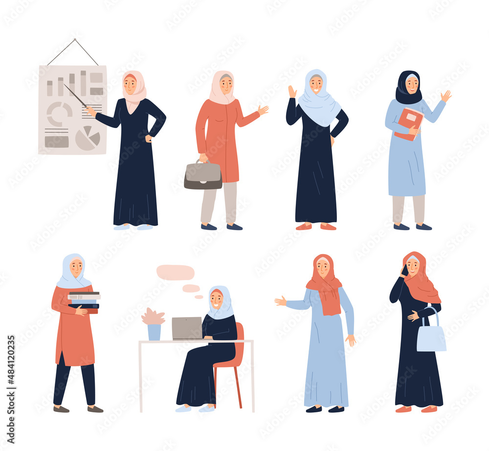 Arabic Muslim business woman characters set, flat vector illustration isolated. Arabic Muslim business woman characters set, flat vector illustration isolated.