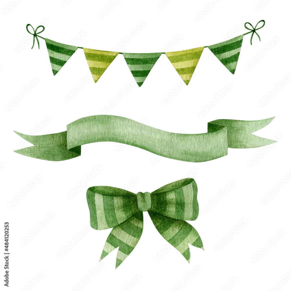 Watercolor illustration set of bow, ribbon, st patrick's day flags. Watercolor illustration set of bow, ribbon, st patrick's day flags.