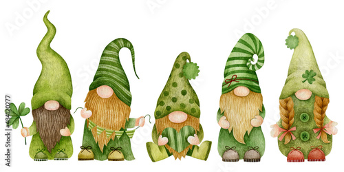 Watercolor illustration set of gnomes, st. patrick's day.