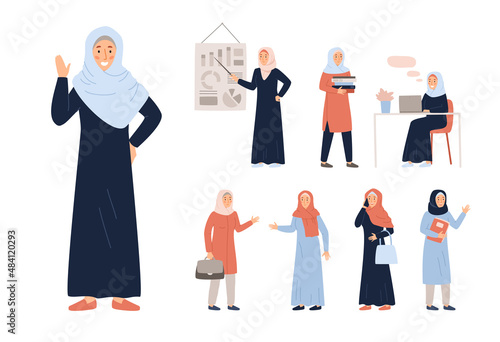 Arab businesswoman character. Business team of Saudi women is working on project at the office.