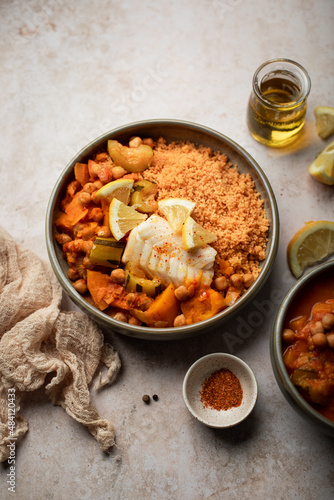 Assiette de couscous au poisson potiron carottes et courgettes