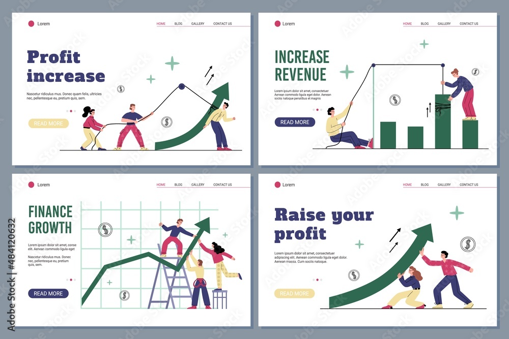 Vector flat illustrations about increasing profits, increasing finances and increasing income with people and growth charts. Set of design landing pages for web.