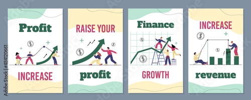 Set of vector web templates for landing pages about profit, financial growth and income. Vector flat cartoon illustration with people and growth charts.
