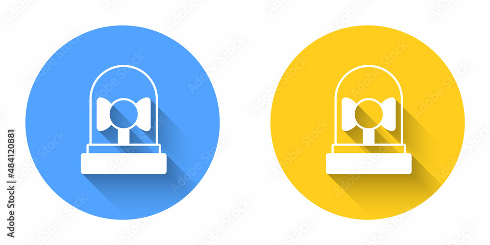 White Ringing alarm bell icon isolated with long shadow background. Fire alarm system. Service bell, handbell sign, notification symbol. Circle button. Vector White Ringing alarm bell icon isolated with long shadow background. Fire alarm system. Service bell, handbell sign, notification symbol. Circle button. Vector