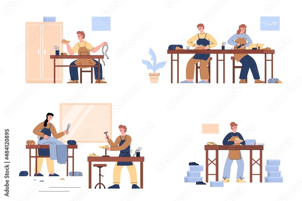 Shoes manufacturing set with cartoon people, flat vector illustration isolated. Shoes manufacturing set with cartoon people, flat vector illustration isolated.