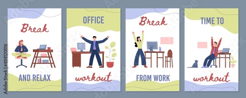 Office workout and yoga pause flyers or posters, flat vector illustration.