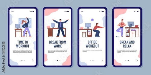 Office workout and break from work banners or posters flat vector illustration.