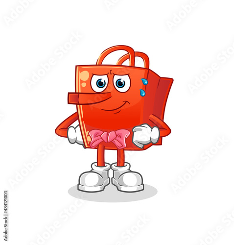 shopping bag lie like Pinocchio character. cartoon mascot vector