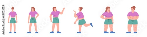 Body mass index from underweight and slim to overweight and obese, flat vector illustration isolated on white background.