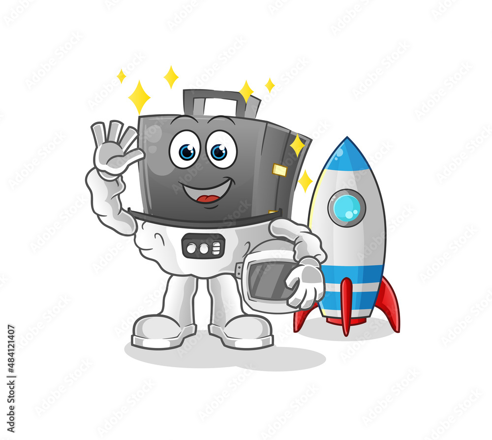 briefcase astronaut waving character. cartoon mascot vector