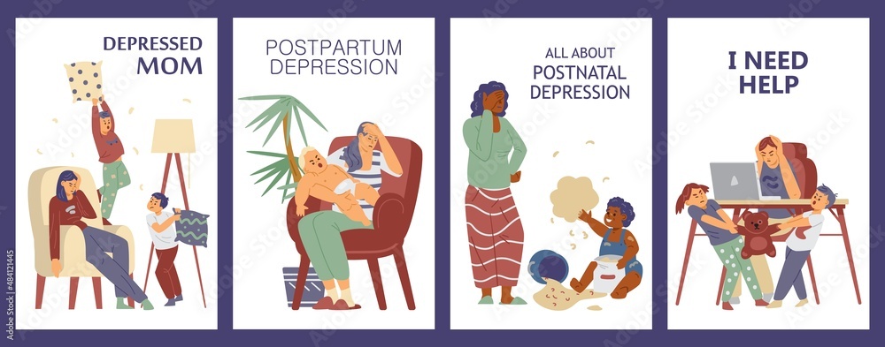 Set of posters with concept of postpartum depression, flat vector illustration. Set of posters with concept of postpartum depression, flat vector illustration.